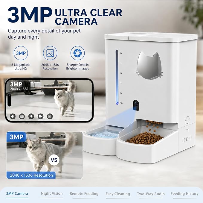 Waithem Automatic Cat&Dog Feeder and Waterer with Camera | 2K Video, 5L Food Capacity and 4L Water Station, 5G/2.4GHz Wi-Fi Control, 2 Weeks Capacity