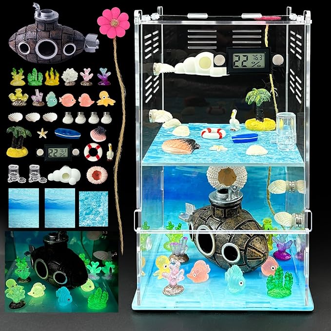 Jumping Spider Enclosure,DIY Insects Habitat,Small Reptile Terrarium Glass House Accessories Set,with Temperature and Humidity Detector Water Feeder Platform Hide,5.5“x5.5”x9.5“ (Ocean)