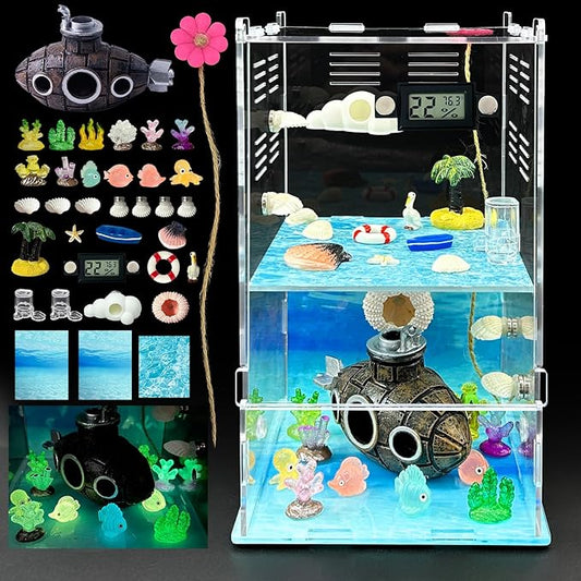 Jumping Spider Enclosure,DIY Insects Habitat,Small Reptile Terrarium Glass House Accessories Set,with Temperature and Humidity Detector Water Feeder Platform Hide,5.5“x5.5”x9.5“ (Ocean)