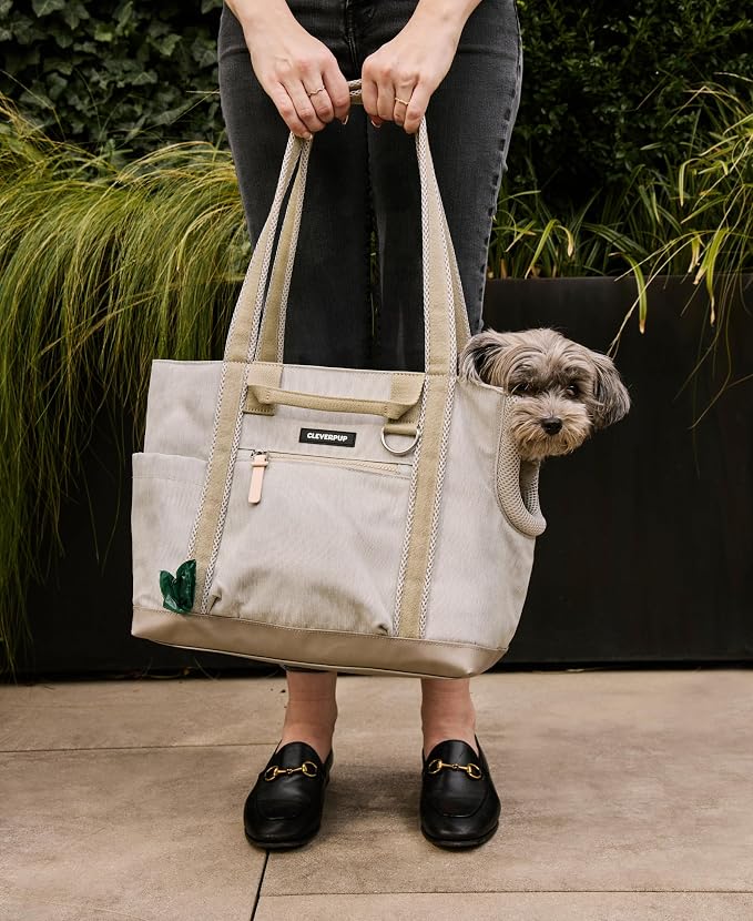 Transit Tote Dog Carrier for Small Dogs Under 8 lbs, 16x11x8 Soft-Sided 4-Pc Set with Waterproof Base, Plush Insert, Food Pouch, Mesh Head Opening - Small, Sand