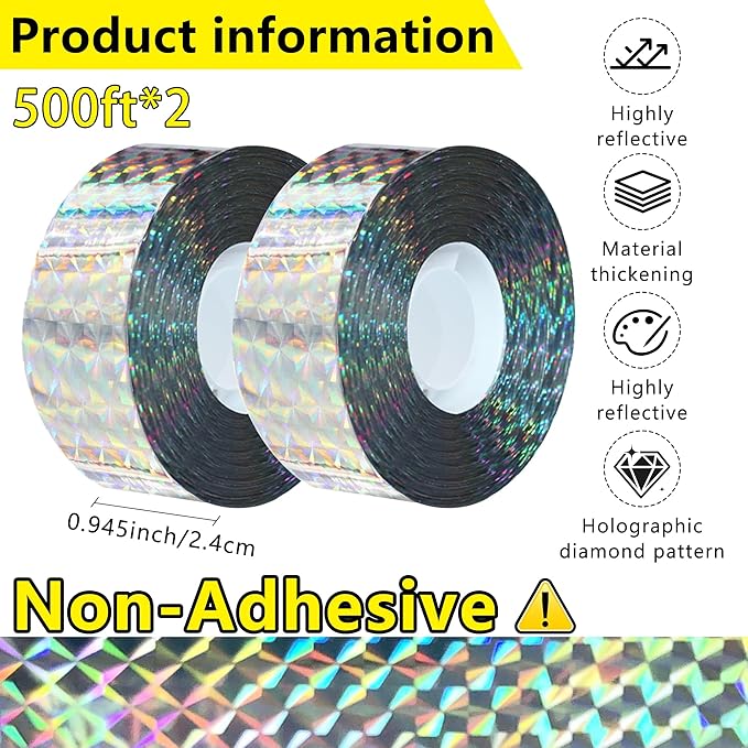 Bird Scare Reflective Tape, 500 Feet (2 Rolls), Double-Sided Reflective, for Repelling Sparrows and Woodpeckers, Suitable for Outdoor Use in Homes, Gardens, Farms, Orchards,Outdoor