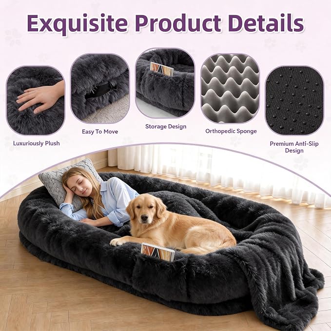 Dark Grey Human Dog Bed - 71''x45''x12'' Size Fits You and Pets | Washable Faux Fur Pet Bed for People Doze Off, Napping Orthopedic Dog Bed, Present Plump Pillow, Blanket, Strap