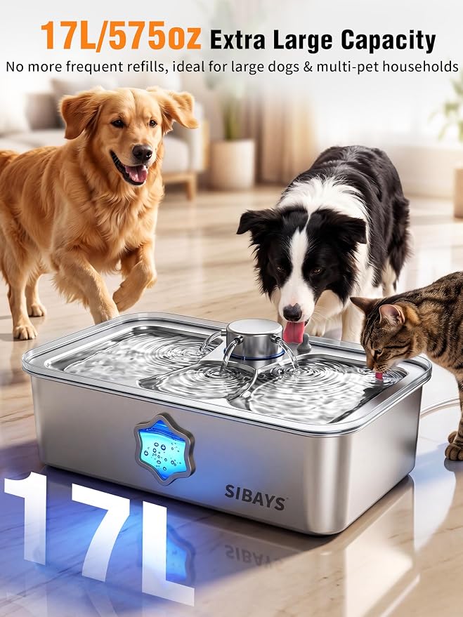 SIBAYS 4.5Gal/17L Dog Water Fountain for Large Dogs, Large Capacity Stainless Steel Pet Water Fountain, Automatic Quiet Dog Water Bowl Dispenser with Water Level & LED Light, Easy to Clean FS86