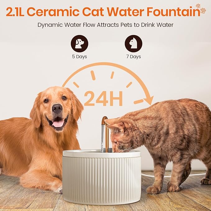 MISFANS Ceramic Cat Water Fountain, All-Ceramic Body, Pure Copper Spout | 2.1L/71oz Capacity, Embossed Design, Under 20dB Pump, Dual Filtration, 2 Flow Modes, Easy-Clean Unit, 3 Filters and Sponge