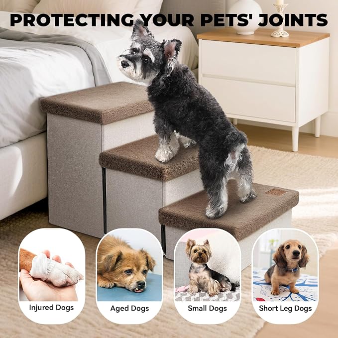 Zerbuger Dog Stairs with Storage Khaki Furry Lids 3 Steps Dog Ramp no Condo | 18" H Wider Dog Steps for High Beds Couch, Folding Storage Pet Stairs Gift for Climbing Small/Medium/Large Old Dogs Cats