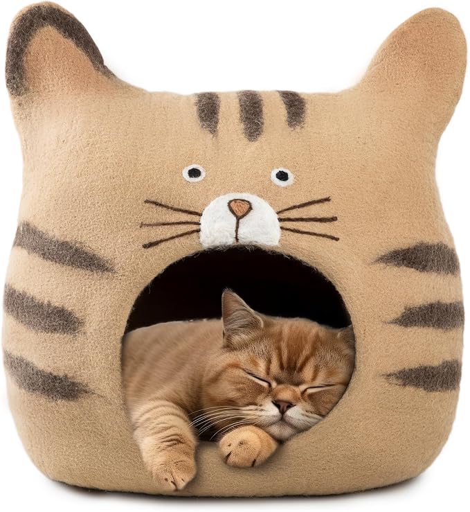 Luxurious Merino Wool Cat Cave - Foldable Hideaway Pod for Indoor Cats - Premium Felt Kitten Pet Enclosure - Covered Cat House for Ultimate Cozy Comfort by Woolygon (Face)
