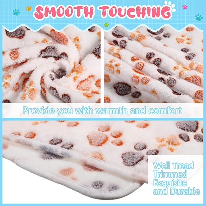 Tatuo 4 Pack Fleece Dog Blankets for Puppy Cats Multi-Size Sleep Mat for Pet Guinea Pig Soft Washable Warm Crate Bed Puppy Teething Toys Print Pattern Blanket Indoor(White,41 x 30 Inch,Paw)