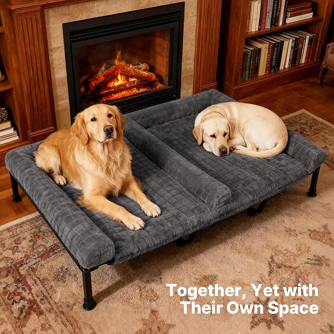 Veehoo Plush Double Dog Couch Bed for 2 Dogs, Washable Elevated Dog Bed | Cooling Raised Pet Cot with Removable Bolster Cushion, Breathable Mesh, No-Slip Feet, 59 x 37 inches, Grey