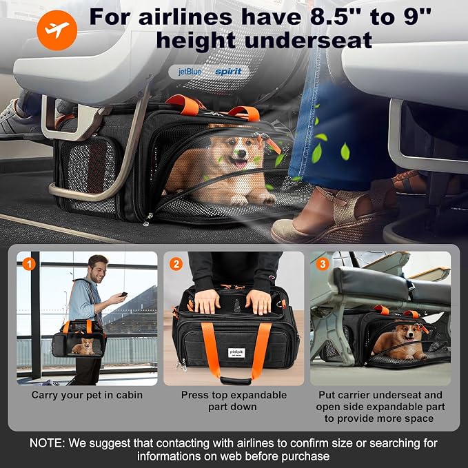 pidipiti 17x12.5x8.5 Soft-Sided pet Carrier,for Extra-Small Dog/Medium cat | top and 1 side Expandable,TSA Approved,for jetblue and Other Airlines only Have 8.5'' Height Space underseat