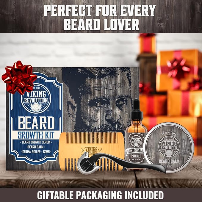 Viking Revolution Beard Growth Kit - 4 Products Included | Advanced Growth Formulation - Balm (2oz), Serum (2fl oz), Derma Roller & Wooden Comb for Beard & Mustache Growth