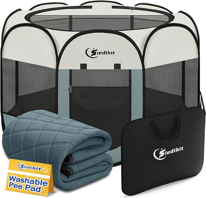Siedihit Dog Playpen Tent Crate Cage with Washable Pee Pad, Ex-Large Grey | Travel Camping Portable Pop Up Easy to Set up lightweight dog Kennel with Carrying Bag for Indoor/Outdoor Wide applicability
