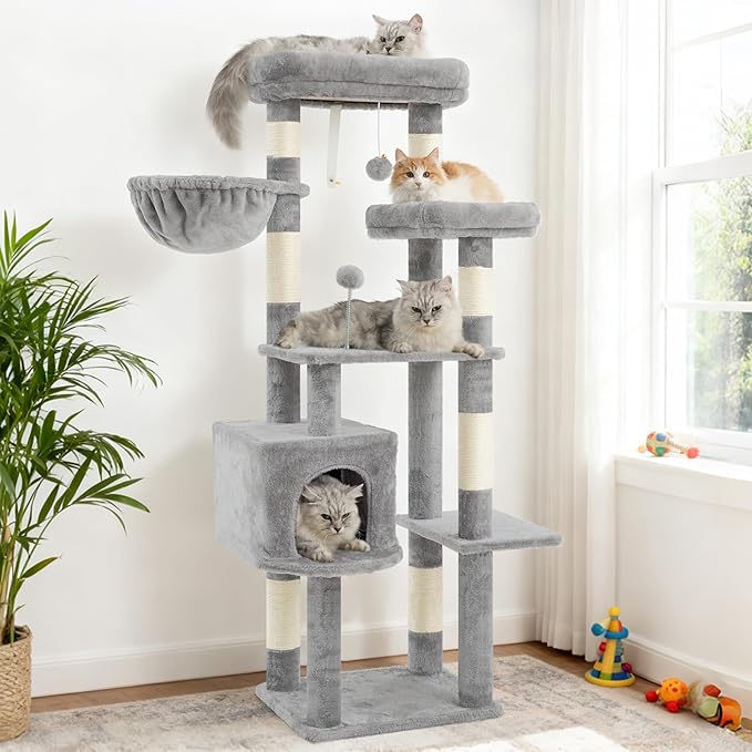 Gitelsnour Cat Tree for Indoor Cats, 55.1 inch Cat Tower with 7 Sisal Scratching Posts, Multi-level Cat Condo wit Large Play Platform Furry Ball, Cat Cave, 2 Padded Perches, Basket, Light Gray GCT013W