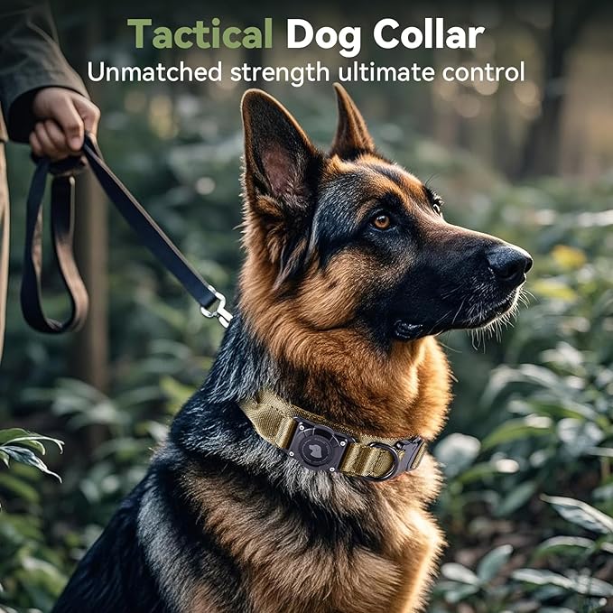 2026 Upgrade Waterproof AirTag Dog Collar, Military Tactical Dog Collar with AirTag Holder, Comfortable Control Handle and Metal Buckle, GPS Dog Collar Holder for Medium to Large Dogs (Khaki, M)