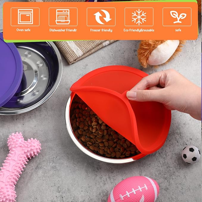 Patelai Stainless Steel Dog Bowls with Silicone Lids for 1.9 Cups Portable Food and Water Dishes for Pets Sealable Containers for 6.3" for Cats & Small Dogs(Red,Purple)
