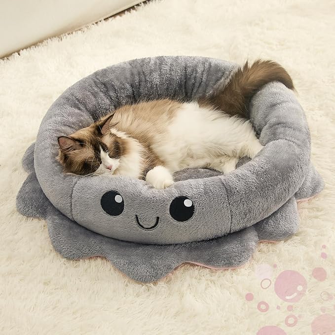 Cute Calming Dog Beds Clearance for Medium Small Dogs, Anxiety Bolster Dog Bed with Octopus Shape, Grey, M, Boho, Round Pet Bed Cat with Removable Cushion