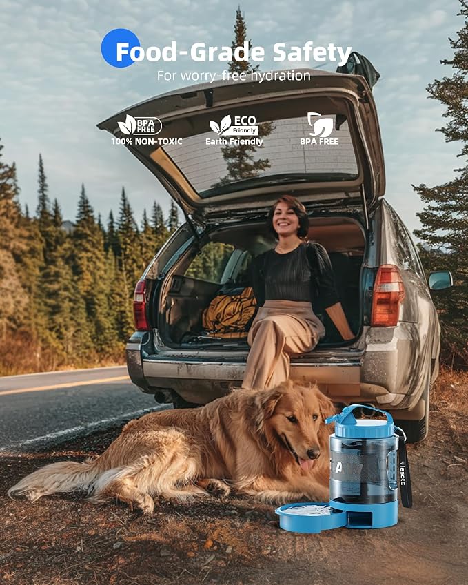 lesotc Portable Dog Water Bowl Dispenser - 77oz Travel Water Bottle with Pop-Out Drinking Bowl, No-Spill Design for Camping, Hiking & Car Rides - Keep Your Dog Hydrated Anywhere, Blue