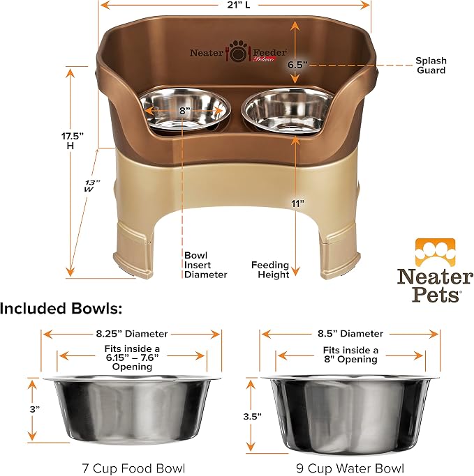 Neater Feeder Deluxe Mess-Proof Elevated Dog Bowls for Large Dogs (40+ lbs), 2 Height Adjustable (14.5” & 17.5”) No-Spill Raised Dog Bowl Stand, Stainless Steel Food Bowl Set, Made in USA, Bronze