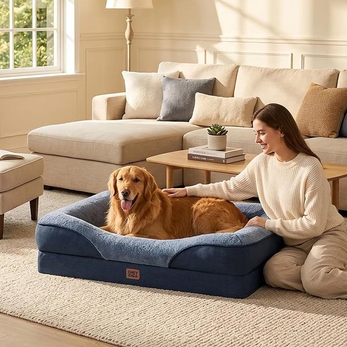 EHEYCIGA Orthopedic Dog Bed for Large Dog, Memory Foam Dog Couch, Navy | 41x27 Inch Large Sized Dog Sofa with Sides, Waterproof Liner & Washable Removable Cover, Bolster Pet Couch