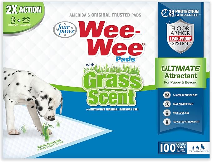 Four Paws Wee-Wee Ultimate Attractant Dog Pee Pads, Grass Scent, 100 Count | Smells like real grass, leak-proof puppy pads, dog housebreaking & potty training, 24-hour floor protection, 22" x 23"