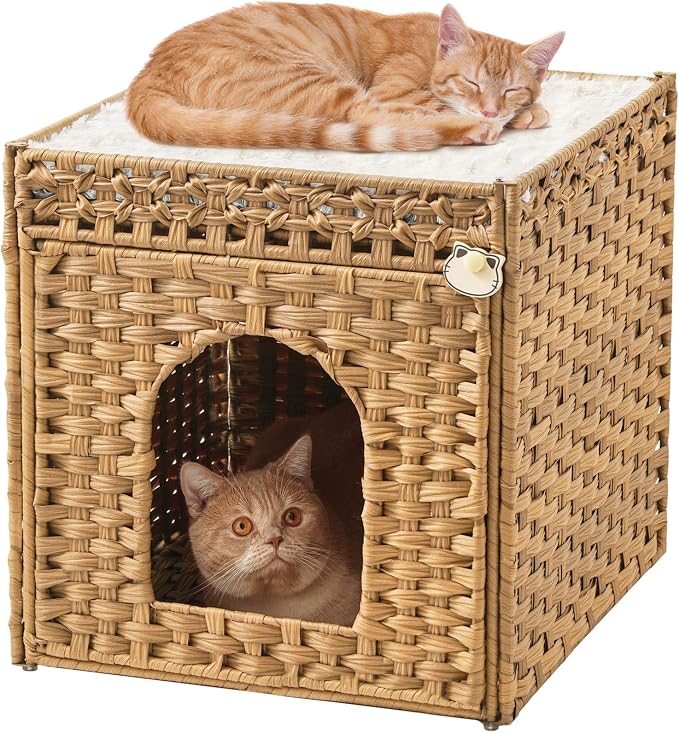 SETVSON Cat Beds for Indoor Cats Extra Large Double Cat Cave, Natural | Spacious Multi-Cat House, Furniture End Table Look, Soft Washable Cushion, Sturdy Metal Frame, 18.5x20.5x19.1 In Woven Cube