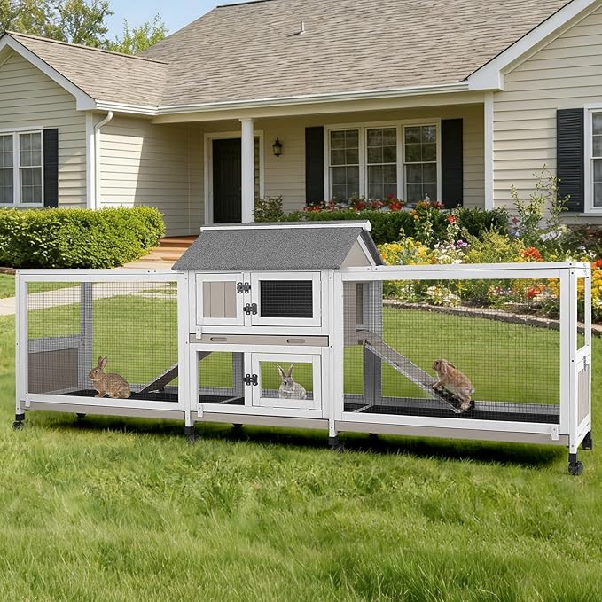 93" L Large Bunny Hutch Outdoor Indoor, with 2 Chew-Resistant Ramp, 4 Leak-Proof Removale Trays, 2-Story Wooden Waterproof Roof Bunny House Outdoor