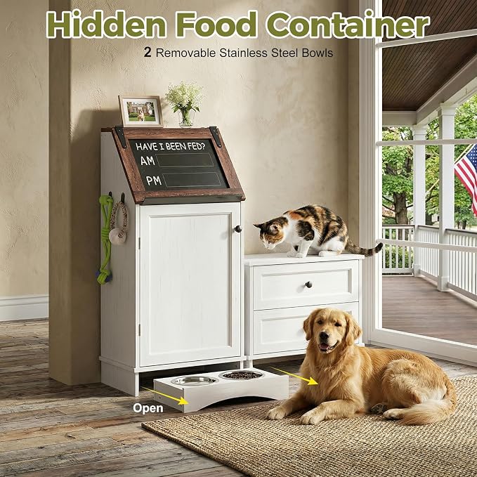 White 38.4" H Dog Feeding Station with Storage | Pet Food Storage Cabinet with 2 Elevated Bowls,Hooks,Hidden Dog Feeding Organizer for Cats and Dogs