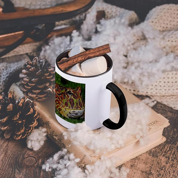 3dRose High Red Ornate Pacman Frog, Ceratophrys ornate, controlled conditions 11oz Two-Tone Black Mug