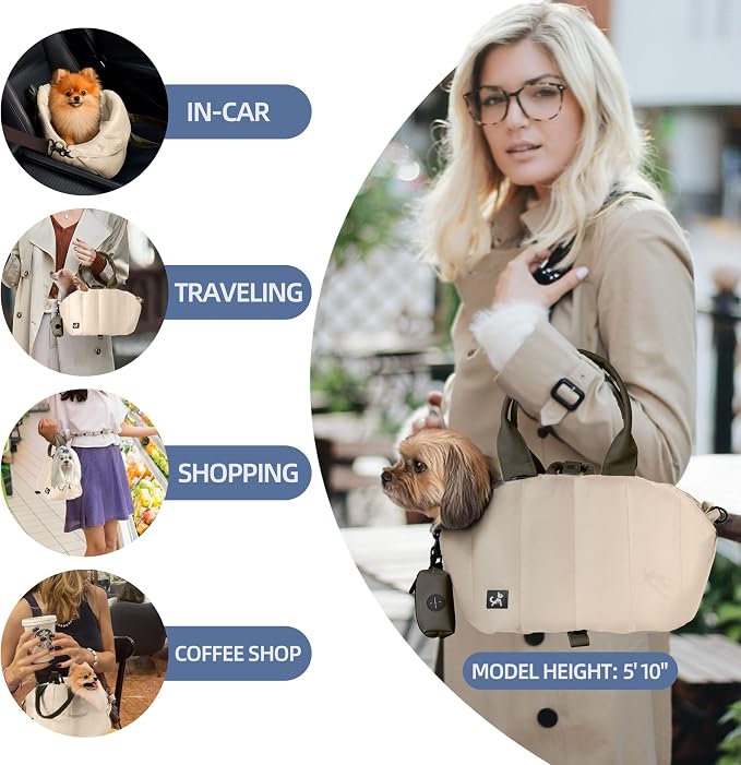 Small Dog Carrier Purse, Portable Pet Carrier Tote Carrier with Pockets, Adjustable Safety Leash, Waterproof Dog Travel Bag, Travel Pets Purse up to 4 Lbs, Cream Beige