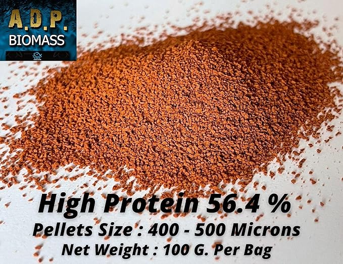 A.D.P. Biomass 100 g. Special High Protein 56.4% Tropical Fish Food Growth Fast Color Enhancer Guppy Betta Feed Slow Sinking Pellets 400 Microns for All Small to Medium Fish & Fry Newborn Fish Care