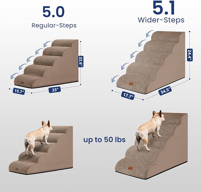 GoGoBunny Ramp Dog Stairs for High Beds 24.4" H, 5-Step Extra Wide Dog Slope Stairs with Durable Waterproof Fabric Cover, Pet Steps for Old Large Dogs Climbing, Non-Slip Sturdy Indoor Step, Camel