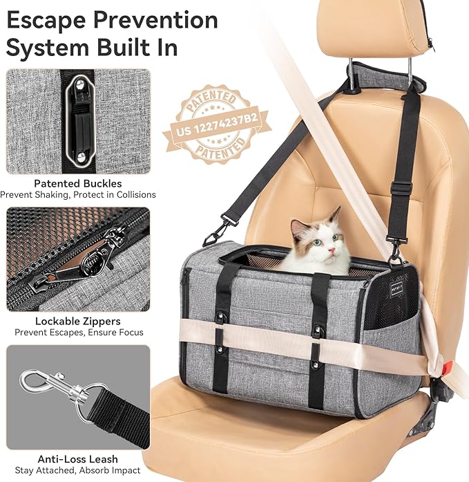 PETSFIT Cat Carrier Soft with Patented Safety Buckles,Safe for Car Travel | Lockable Zippers, Safety Tether, Escape-Resistant Pet Carrier for Vet Visits, Airline Approved Under-Seat, Up to 12 lbs