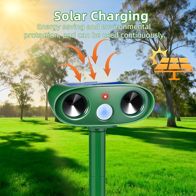 2026 Solar Animal Repellent Outdoor 4 Pack Ultrasonic Squirrel Deer Repellent with Motion Sensor, Waterproof Cat Deterrent Device for Yard Garden Farm, Keep Bird Cat Squirrel Deer Rabbit Away