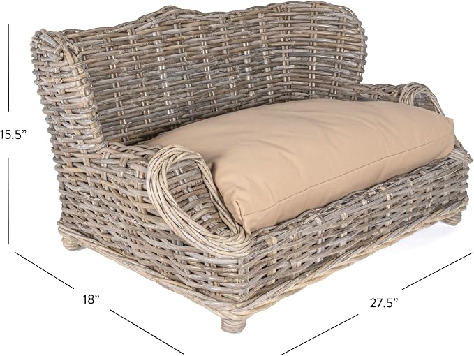 DBD1004A Classic 27.5" x 18" Mediterranean Handwoven Rattan Dog Daybed with Machine-Washable Cushion, Kubu Gray