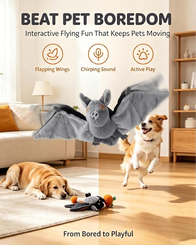 Flying Bat Dog Toy, Interactive Flying Bat Toy for Dogs with Flapping Wings, Chirping Sounds, USB Rechargeable, Touch Activated, Hanging or Floor Toy for Dogs, Puppies and Cats to Reduce Boredom，2 PCS