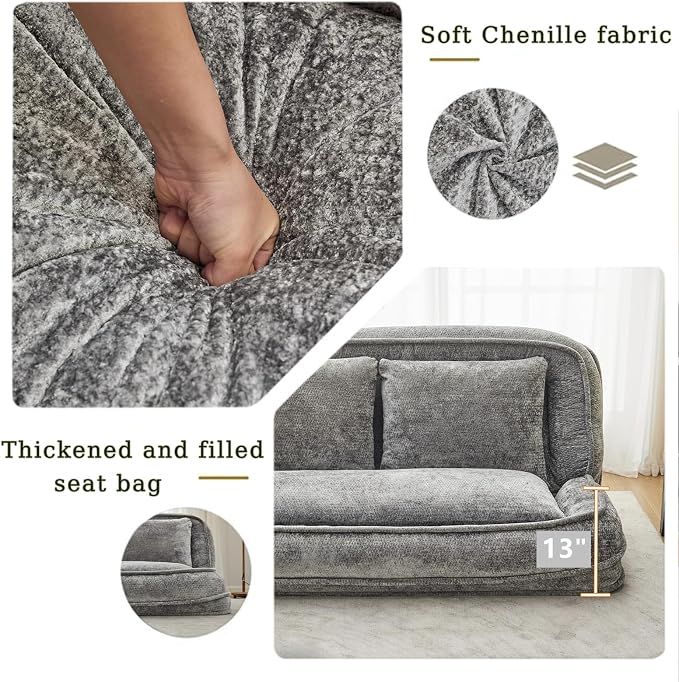 Foldable Lazy Sofa Bed, Double Human Dog Bed for Adults, Light Gray | Skin-friendly Breathable Soft Chenille Upholstered, 5 Adjustable Backrest Positions, 3 Soft Cushions for Living Room