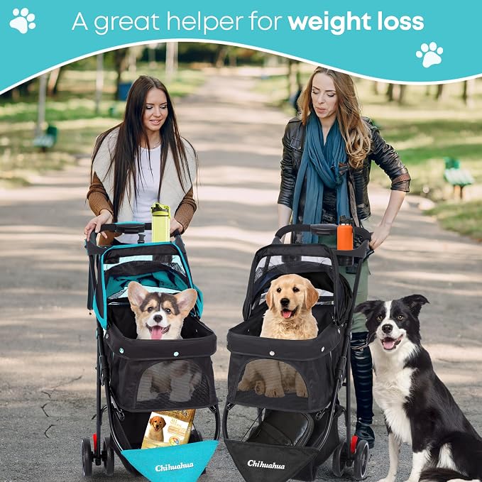 Pet Stroller,Dog Stroller for Small Medium Dogs Cats,3 Wheels,Mint Green | Foldable,with Breathable Mesh Canopy,Cup Holders,Easy Assembly