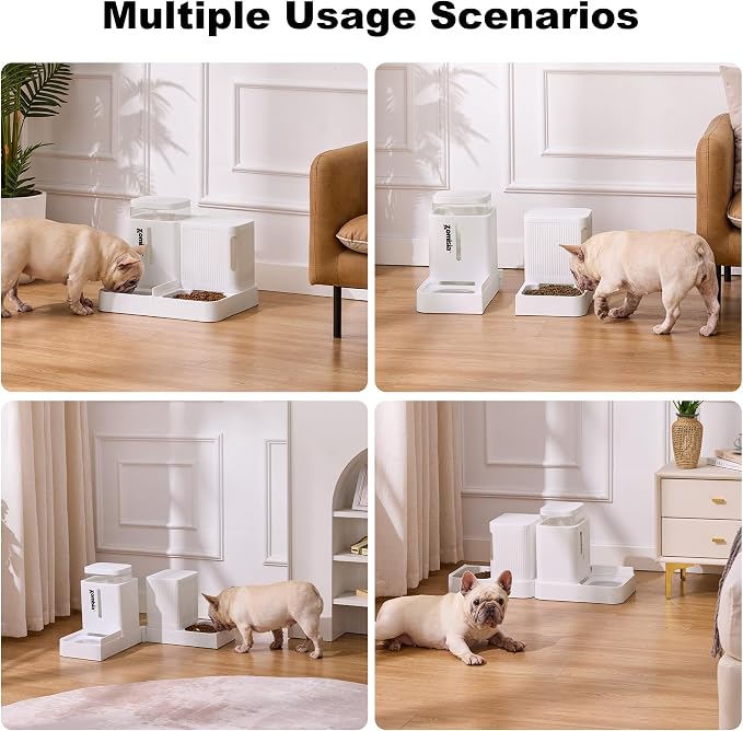 ZOMISIA Gravity Dog Food and Water Dispenser, 2 in 1 Automatic Dog Feeder with 180 Degree Rotatable, 2 Pack Large Capacity Self Feeding for Small Dogs Puppy, White, 1.6GALx2