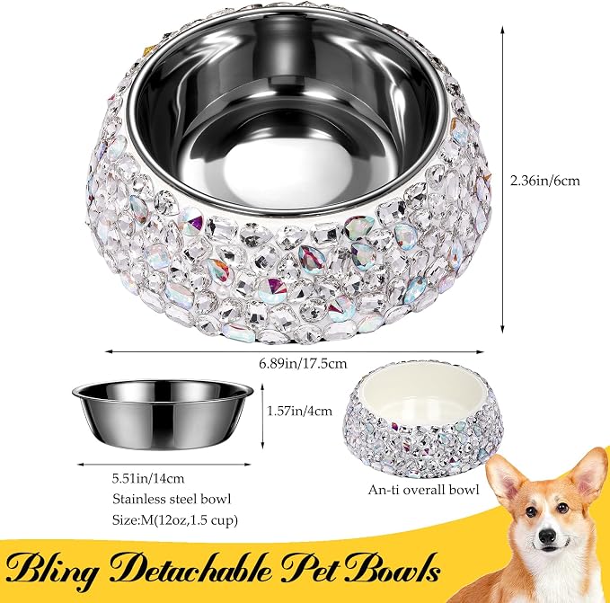 SlowVibes Diamond Stainless Steel Dog Cat Bowl, Detachable, 12 oz | Big rhinestone metal food or water bowl for small dogs and cats, rust-resistant non-slip puppy dish, sparkle pet essential