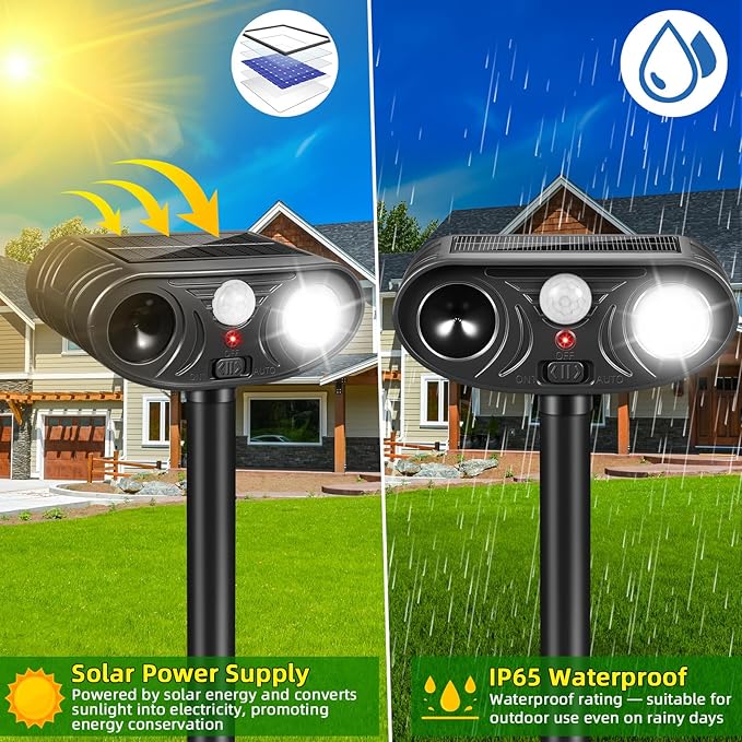 2026 Solar Ultrasonic Animal Repellent Outdoor, Motion Activated Deer Repellent Devices with Strobe Light, Waterproof Squirrel Cat Repellent Outdoor Rabbit Bird Racoon Deterrent for Yard Garden 2Pack