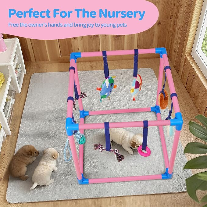 Liitrton Puppy Play Gym for Small Dogs with 8 Hanging Toys, Pink | 19.5"x19.5"x19.5" PVC Frame, Indoor Puppy Jungle Gym with Interactive Puppies Toys