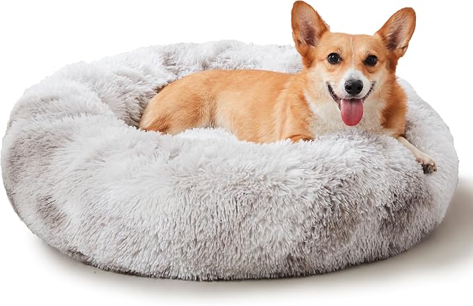 Western Home Calming Donut Cat Bed Small Dog Bed Washable,20" White Grey | Fluffy Faux Fur Round Cuddler,Anti-Anxiety,Anti-Slip Bottom,Self-Warming Pet Bed for Small Dog&Kitten&Puppy,Up to 12 LBS
