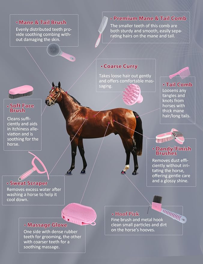 Harrison Howard Complete Horse Grooming Set, 11-Piece Advanced Daily Grooming Tools with Extra Brushes for Full Horse Care Pink Brushstroke Ponies