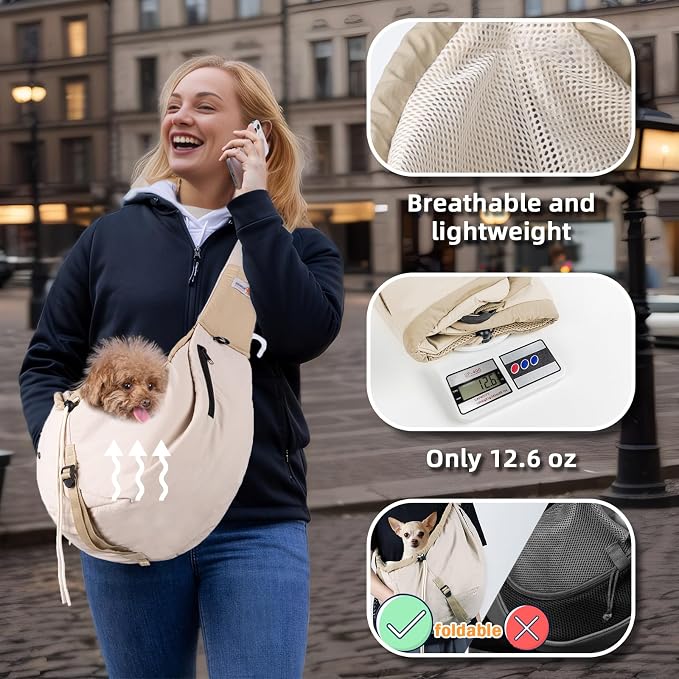 Dog Carrier Sling, Dog Carriers for Small Dogs Up to 20lbs, Beige | Puppy Sling, Cross Body Carrying Bag, Soft Front Pouch, Adjustable Shoulder Strap, Breathable Mesh Pet Backpack for Hiking