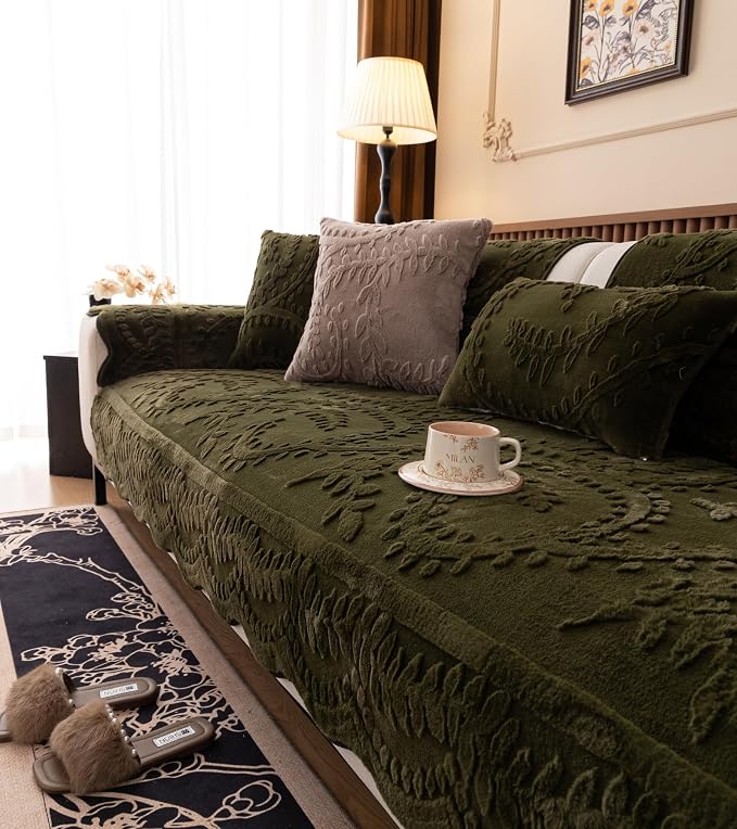 Green Fuzzy Rabbit Plush Sofa Cover Cozy Warm Sofa Couch Covers with 3D Jacquard Leaf Pattern Non-Slip Easy-to-Install Shaggy Sofa Slipcover Prefect for Kids Dogs Cats Cats(Green,36"x94")