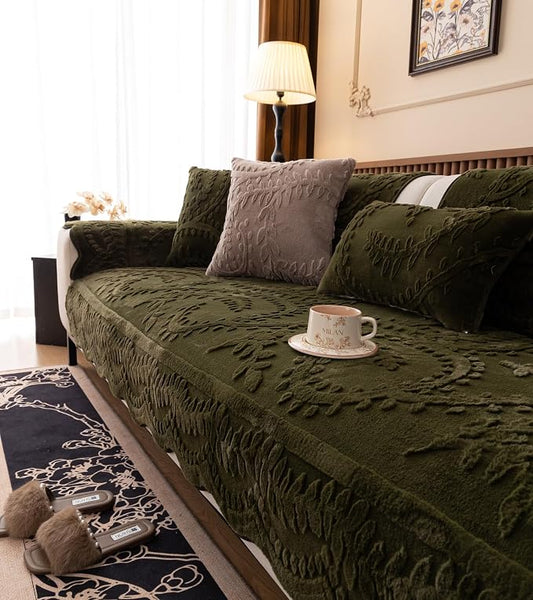 Green Fuzzy Rabbit Plush Sofa Cover Cozy Warm Sofa Couch Covers with 3D Jacquard Leaf Pattern Non-Slip Easy-to-Install Shaggy Sofa Slipcover Prefect for Kids Dogs Cats Cats(Green,36"x82")