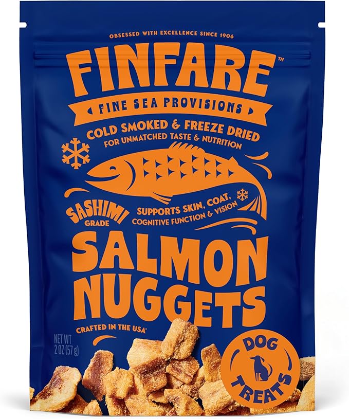 Finfare Freeze Dried Salmon Dog Treats, Protein & Omega-3s, Grain Free Salmon Dog Training Treats, Crafted in USA, Nuggets - 2oz