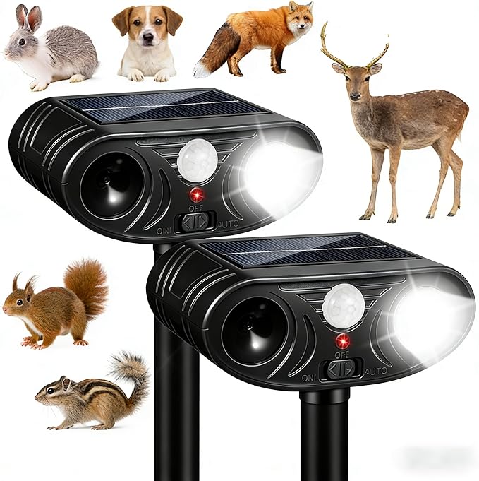 2026 Solar Ultrasonic Animal Repellent Outdoor, Motion Activated Deer Repellent Devices with Strobe Light, Waterproof Squirrel Cat Repellent Outdoor Rabbit Bird Racoon Deterrent for Yard Garden 2Pack