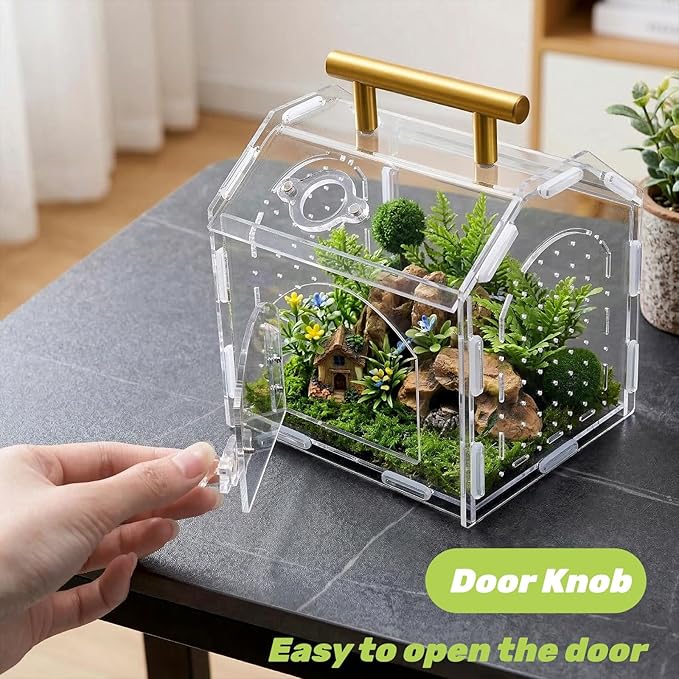 Tlence Jumping Spider Enclosure with Handle, Acrylic Reptile Habitat with One-Click Magnetic Closure, Front Opening Small Terrarium with Ventilation Holes for Tarantulas, Frogs, Gecko, Mantis