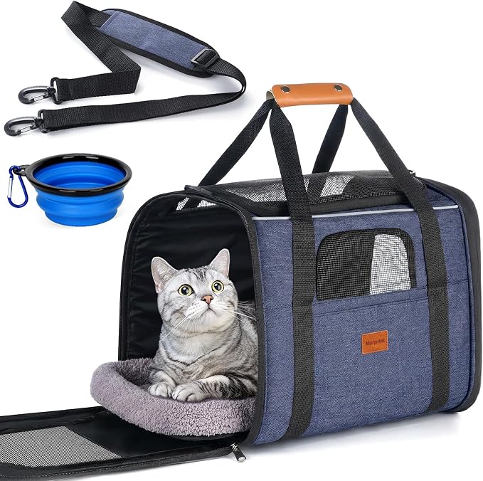 Morpilot Cat Carrier Soft for Large Medium Cats and Puppy up to 20lbs | with Dual-Sided Cushion, Secure Buckle and Foldable Bowl, Dog Carriers for Small Dogs - Pet Carrier (Dark Blue)