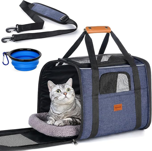 Morpilot Cat Carrier Soft for Large Medium Cats and Puppy up to 20lbs | with Dual-Sided Cushion, Secure Buckle and Foldable Bowl, Dog Carriers for Small Dogs - Pet Carrier (Dark Blue)